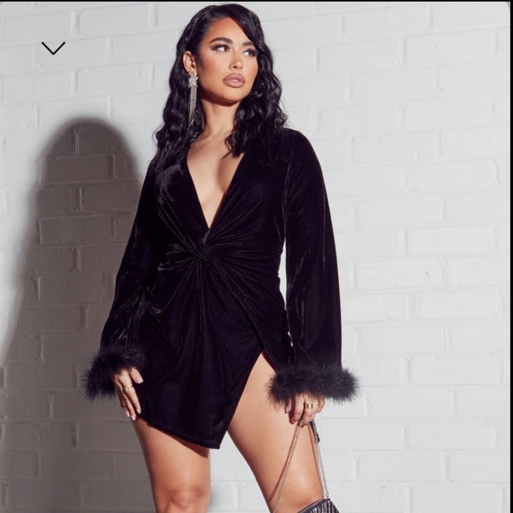 Fashion Nova Black Velvet Dress with Feather Cuffs